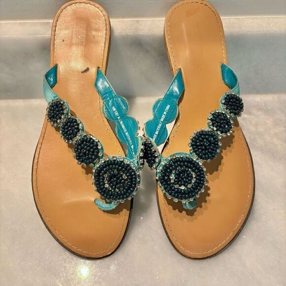 Madeline Stuart Coy Embellished Floral T-Strap Flip Flops Blue & Tan Size 10M - Picture 1 of 5